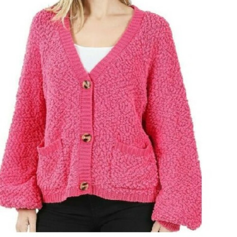 Zenana Cardigan Sweater Comfy Pockets Button Down Popcorn Knit Fuchsia S M L XL